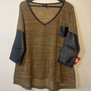 NWT YOKI SIZE L VNECK SWEATER BROWN WITH BLACK FAUX LEATHER